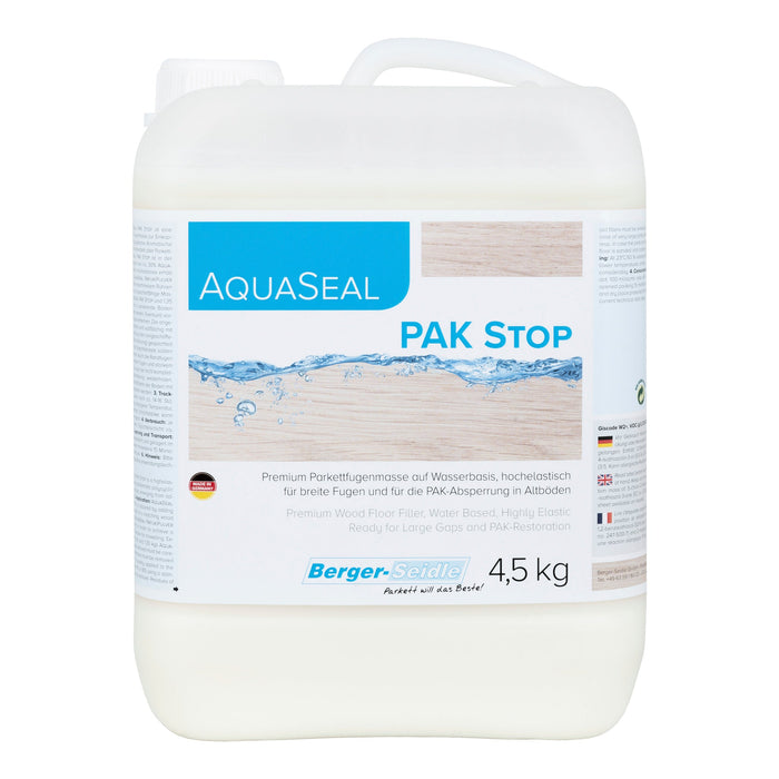 AquaSeal® PAK-Stop is a unique, extreme-performance, high-elastic trowel filler for closing wide joints; perfectly suitable also for plank flooring. It is certified to block problematic polycyclic aromatic hydro-carbons, for example, emerging from old adhesives under historical wood floors. By mixing AquaSeal® PAK Stop with AquaSeal® PafukiPowder color, the final performance and individual color are easily achieved.