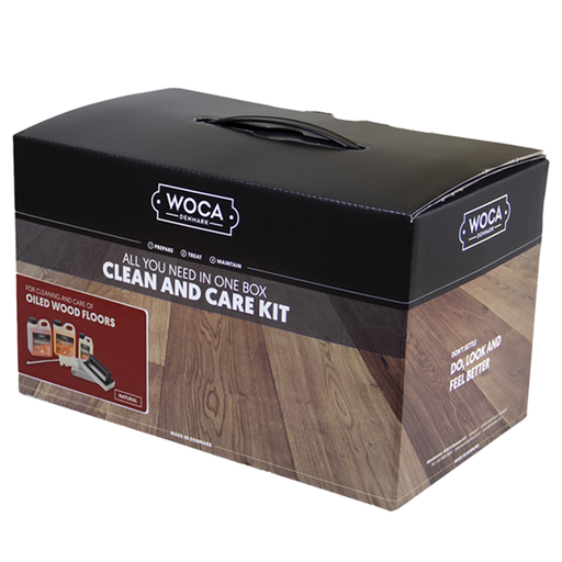 The WOCA Clean & Care Kit is your complete solution for maintaining new and existing oiled wooden floors. This comprehensive box contains everything needed to refresh, protect, and clean all oxidative oiled wood surfaces, ensuring they retain their natural beauty and durability for years.