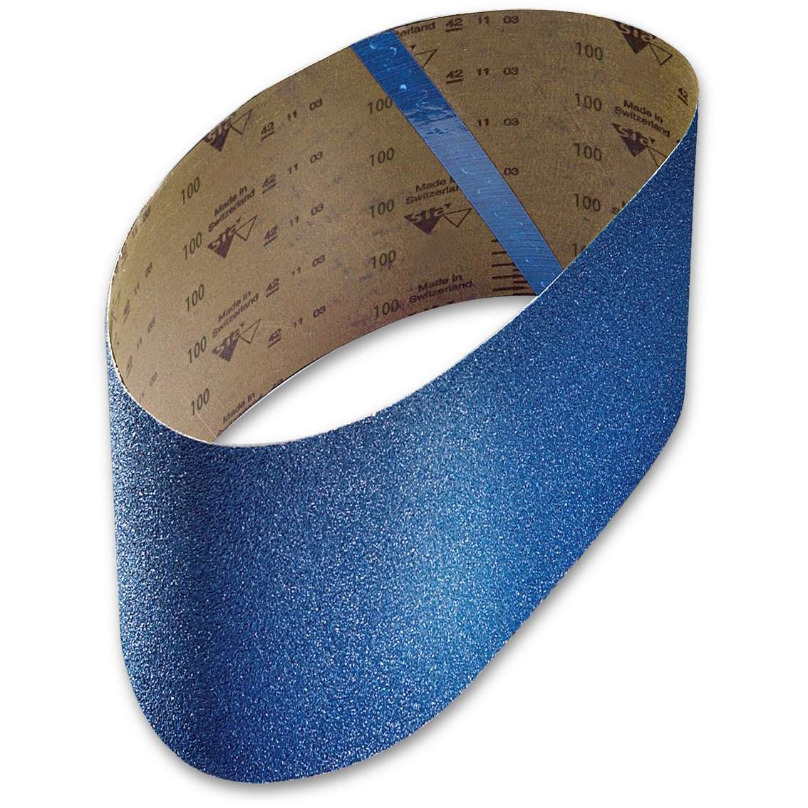 2800 200x750mm Zirconia Belt (8inch belt) by sia Abrasives, a blue sanding belt with grit 100 printed on the backing