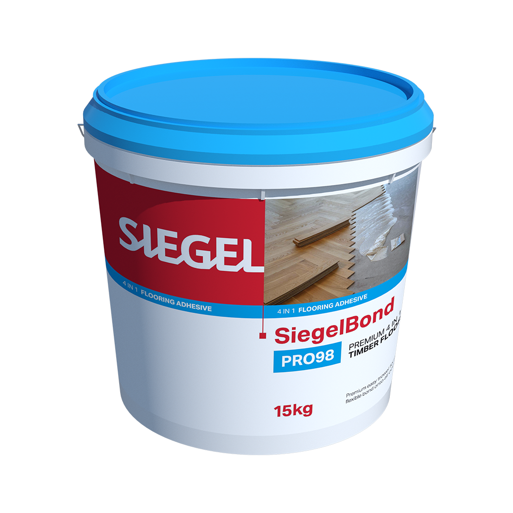 SiegelBond PRO98 adhesive being spread with toothed trowel for engineered timber floor installation