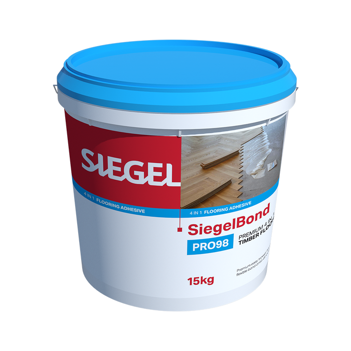 SiegelBond PRO98 adhesive being spread with toothed trowel for engineered timber floor installation