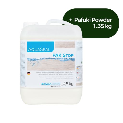 AquaSeal® PAK-Stop is a unique, extreme-performance, high-elastic trowel filler for closing wide joints; perfectly suitable also for plank flooring. It is certified to block problematic polycyclic aromatic hydro-carbons, for example, emerging from old adhesives under historical wood floors. By mixing AquaSeal® PAK Stop with AquaSeal® PafukiPowder color, the final performance and individual color are easily achieved.