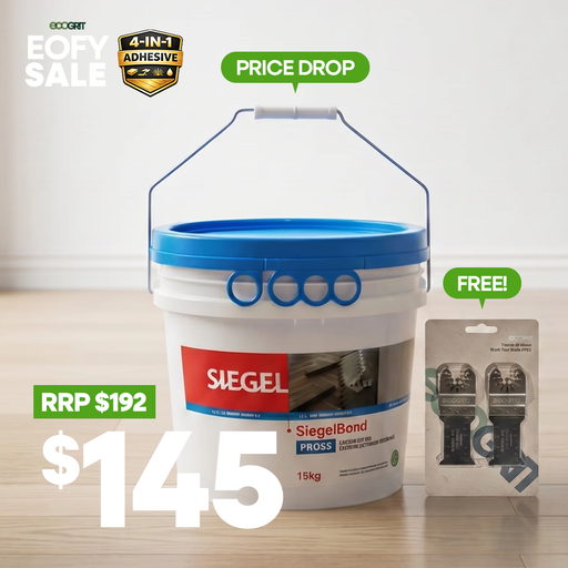 Siegel adhesive bucket with promotional text on a white background