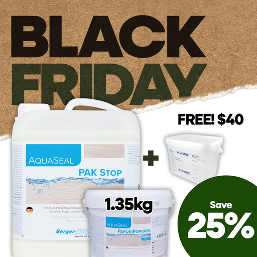 Now on Black Friday Sale! 25% off, Free MixBox Included.. AquaSeal® PAK-Stop is a unique, extreme-performance, high-elastic trowel filler for closing wide joints; perfectly suitable also for plank flooring. It is certified to block problematic polycyclic aromatic hydro-carbons, for example, emerging from old adhesives under historical wood floors. By mixing AquaSeal® PAK Stop with AquaSeal® PafukiPowder color, the final performance and individual color are easily achieved.