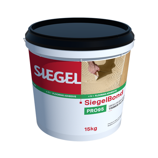 SiegelBond PRO95 is a high‑performance, single‑part silane‑terminated polymer adhesive developed for ease of application and long‑lasting performance. Formulated as a 3 in 1 system, PRO95 functions as an adhesive, moisture barrier and acoustic‑rated underlay when applied with a 5 mm or 6 mm V‑notched trowel at full coverage. Its smooth trowel formula ensures fast, clean installation while delivering permanent moisture resistance and Green Star low VOC compliance.