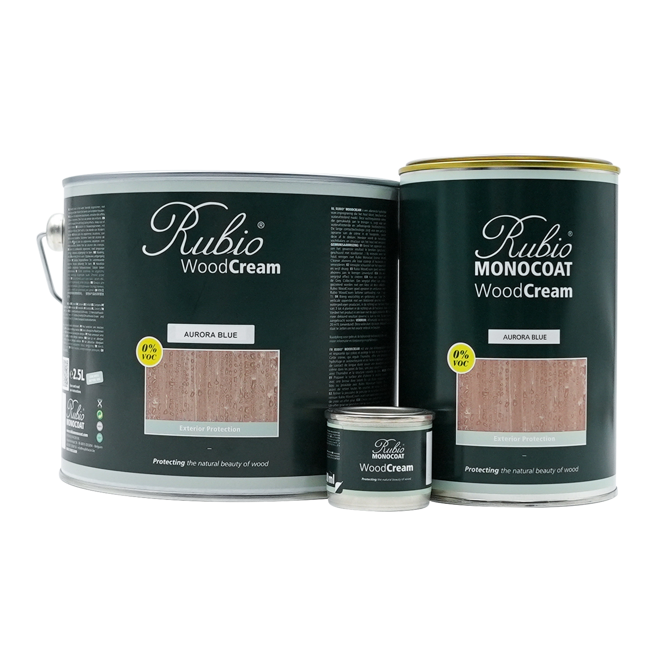 Three cans of Rubio WoodCream wood finish on a white background