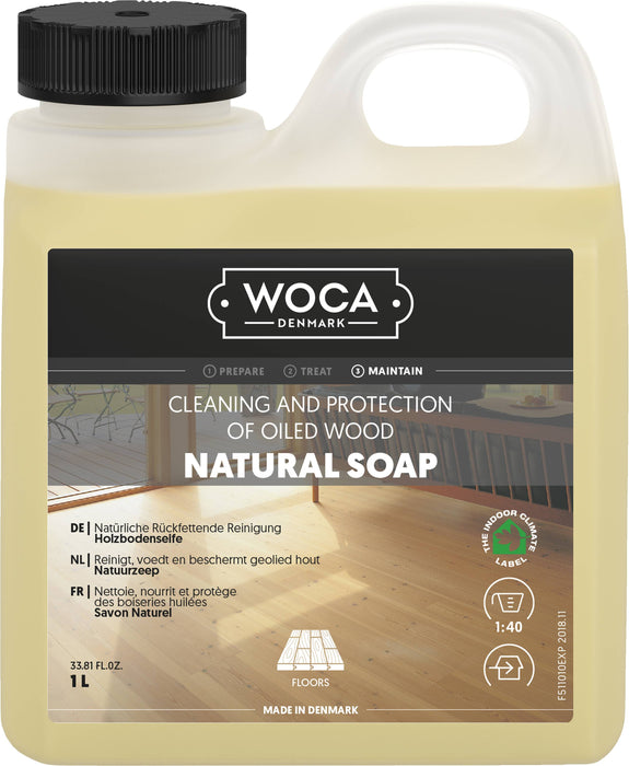 Woca Natural Wood Soap cleans and nourishes oiled wood floors; emollients from soy beans and coconut oils retain moisture and form an invisible protective layer.
