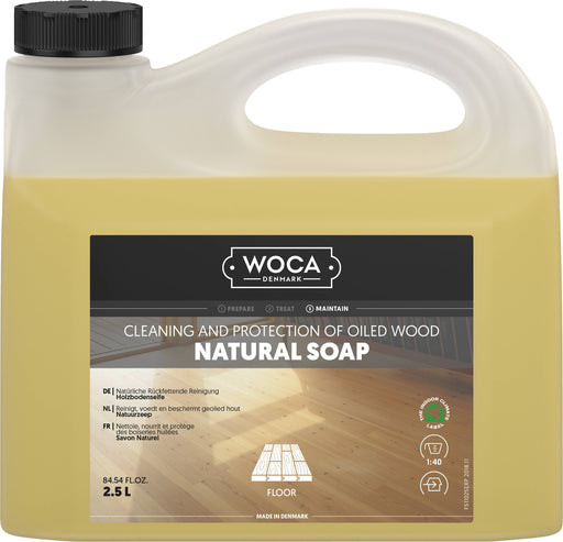 Woca Natural Wood Soap cleans and nourishes oiled wood floors; emollients from soy beans and coconut oils retain moisture and form an invisible protective layer.
