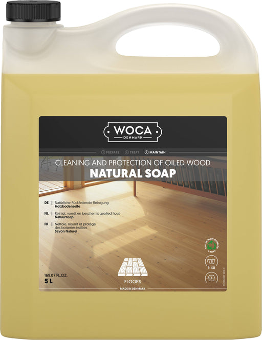 Woca Natural Wood Soap cleans and nourishes oiled wood floors; emollients from soy beans and coconut oils retain moisture and form an invisible protective layer.