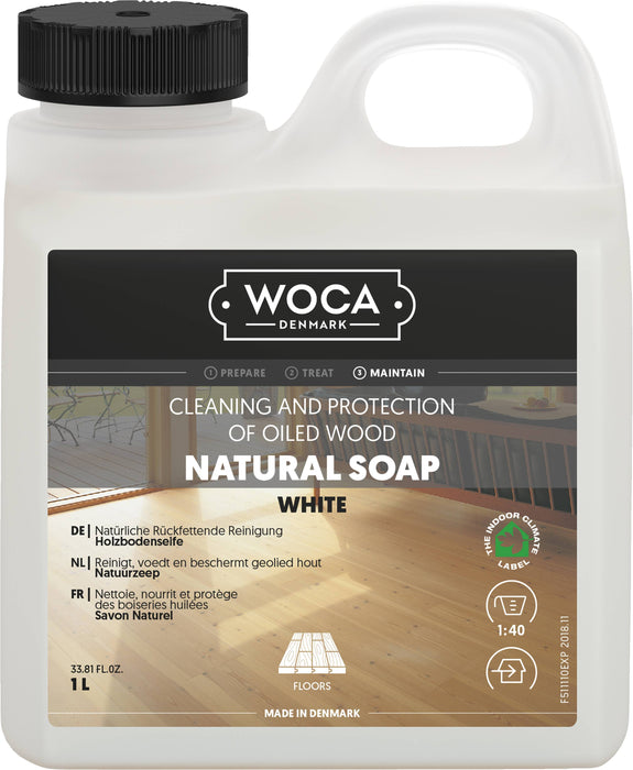 Woca Natural Wood Soap cleans and nourishes oiled wood floors; emollients from soy beans and coconut oils retain moisture and form an invisible protective layer.