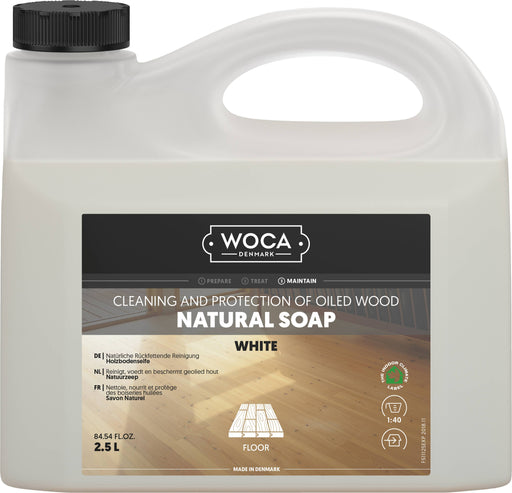 Woca Natural Wood Soap cleans and nourishes oiled wood floors; emollients from soy beans and coconut oils retain moisture and form an invisible protective layer.