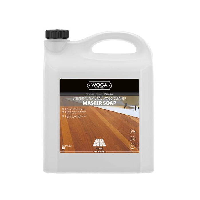 Woca Natural Wood Soap cleans and nourishes oiled wood floors; emollients from soy beans and coconut oils retain moisture and form an invisible protective layer.