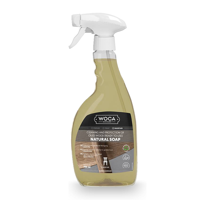 Woca Natural Wood Soap cleans and nourishes oiled wood floors; emollients from soy beans and coconut oils retain moisture and form an invisible protective layer.