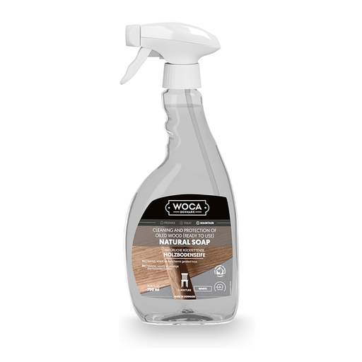 Woca Natural Wood Soap cleans and nourishes oiled wood floors; emollients from soy beans and coconut oils retain moisture and form an invisible protective layer.