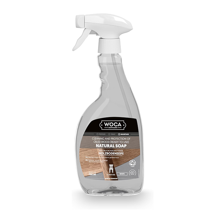 Woca Natural Wood Soap cleans and nourishes oiled wood floors; emollients from soy beans and coconut oils retain moisture and form an invisible protective layer.