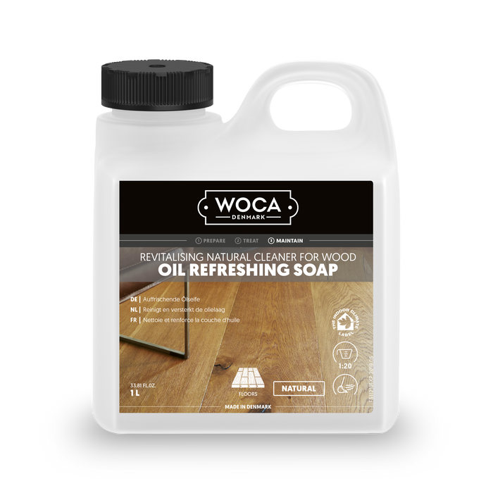 Woca Oil Refresher combines efficient cleaning with re-oiling to clean and protect oiled wood floors, leaving a matte protective coating.
