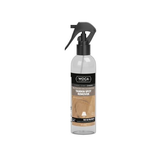 Woca Tannin Spot Neutralizer removes black water stains by neutralizing tannin; the ready-mixed, water-based spray works on oil, wax or unfinished wood surfaces.