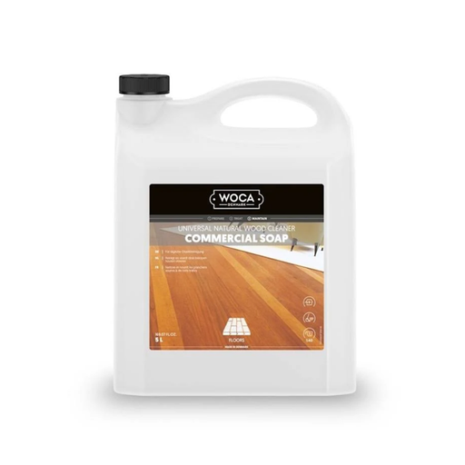 Woca Natural Wood Soap cleans and nourishes oiled wood floors; emollients from soy beans and coconut oils retain moisture and form an invisible protective layer
