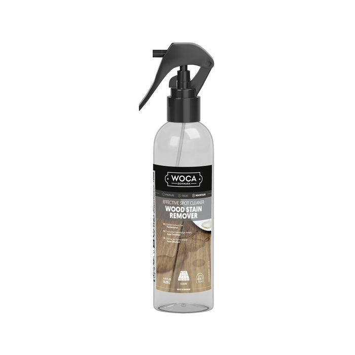 Woca Wood Stain Remover is a ready-mixed spray that removes grease, coffee and red wine stains from wood surfaces without harsh chemicals, suitable for unfinished, soaped, oiled or waxed interior surfaces.