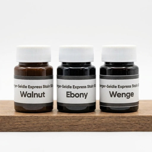 Berger-Seidle Classic ExpressStain 3 x 50ml sample pack - three 50ml sample pots on a timber plinth