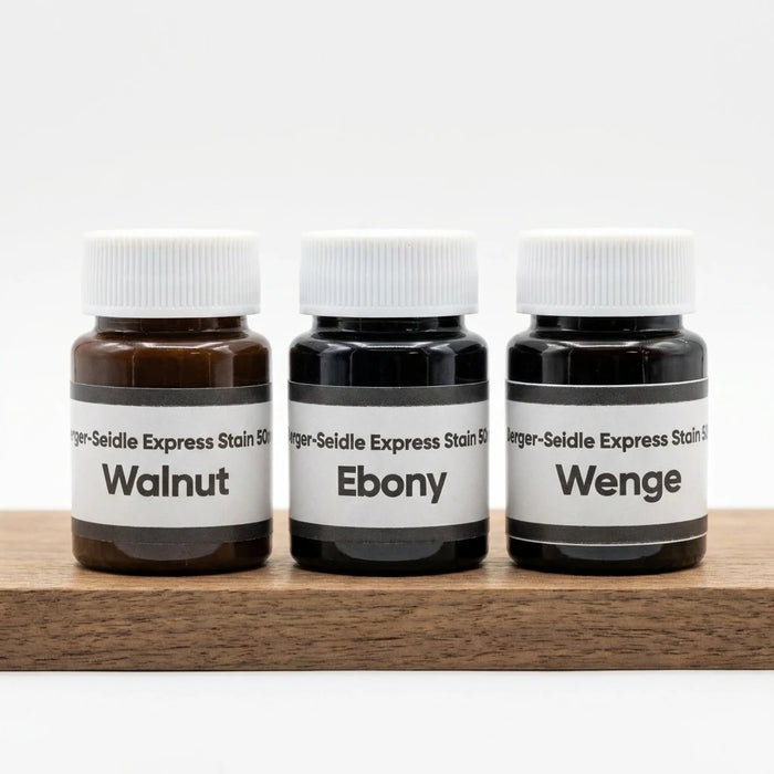 Berger-Seidle Classic ExpressStain 3 x 50ml sample pack - three 50ml sample pots on a timber plinth
